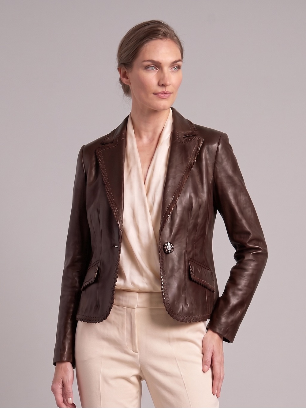 VTG NWT Pamela McCoy Genuine Leather Lined Jacket Collared Pockets 1-Button M